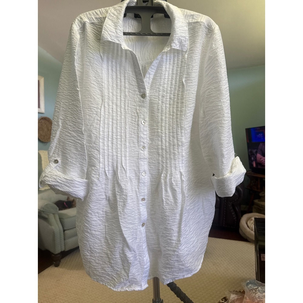 Roz & Ali White Crinkle Pintuck Tunic Blouse Roll Tab Sleeve Plus Size 1X